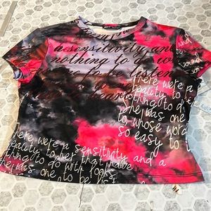 Shein Large Tye Dye Pink Black Short Sleeve Quote Word Cropped T Shirt